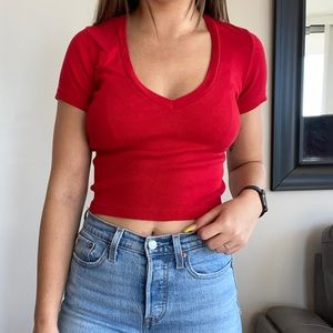 Brandy Melville Red V-neck Tee
